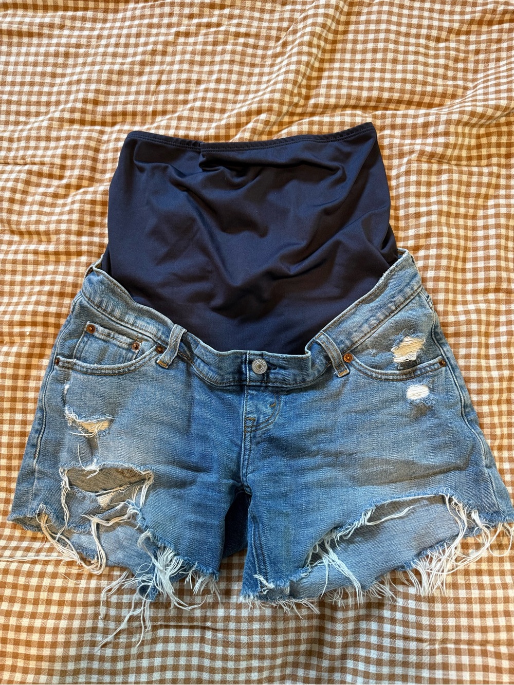Abercrombie & Fitch Distressed Denim Maternity Shorts with Navy Panel